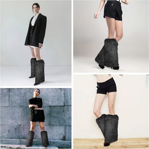 Super Soft Gray Black Mix Mongolian Faux Fur Boot Covers Leg Warmers - Picture 7 of 8